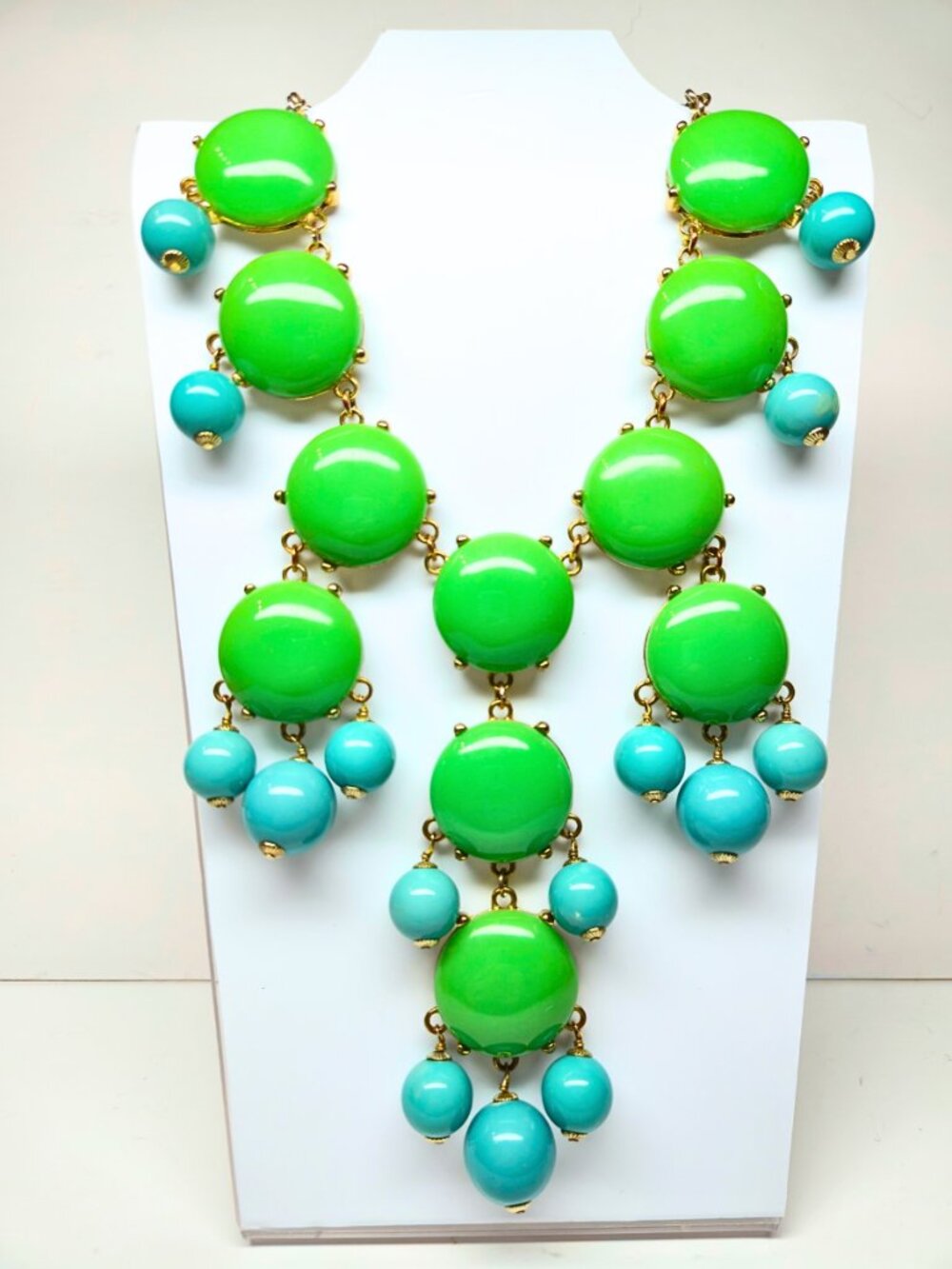Vtg J. CREW Signed Gold Tone & Blue/Green Bib Statement Chandelier Necklace